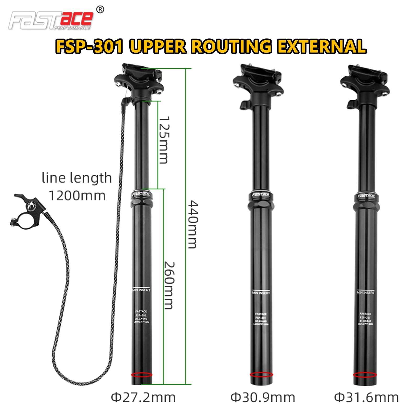 FASTACE Dropper Seatpost MTB 125mm Travel 27.2/30.9/31.6mm Internal External Cable Routing Remote
