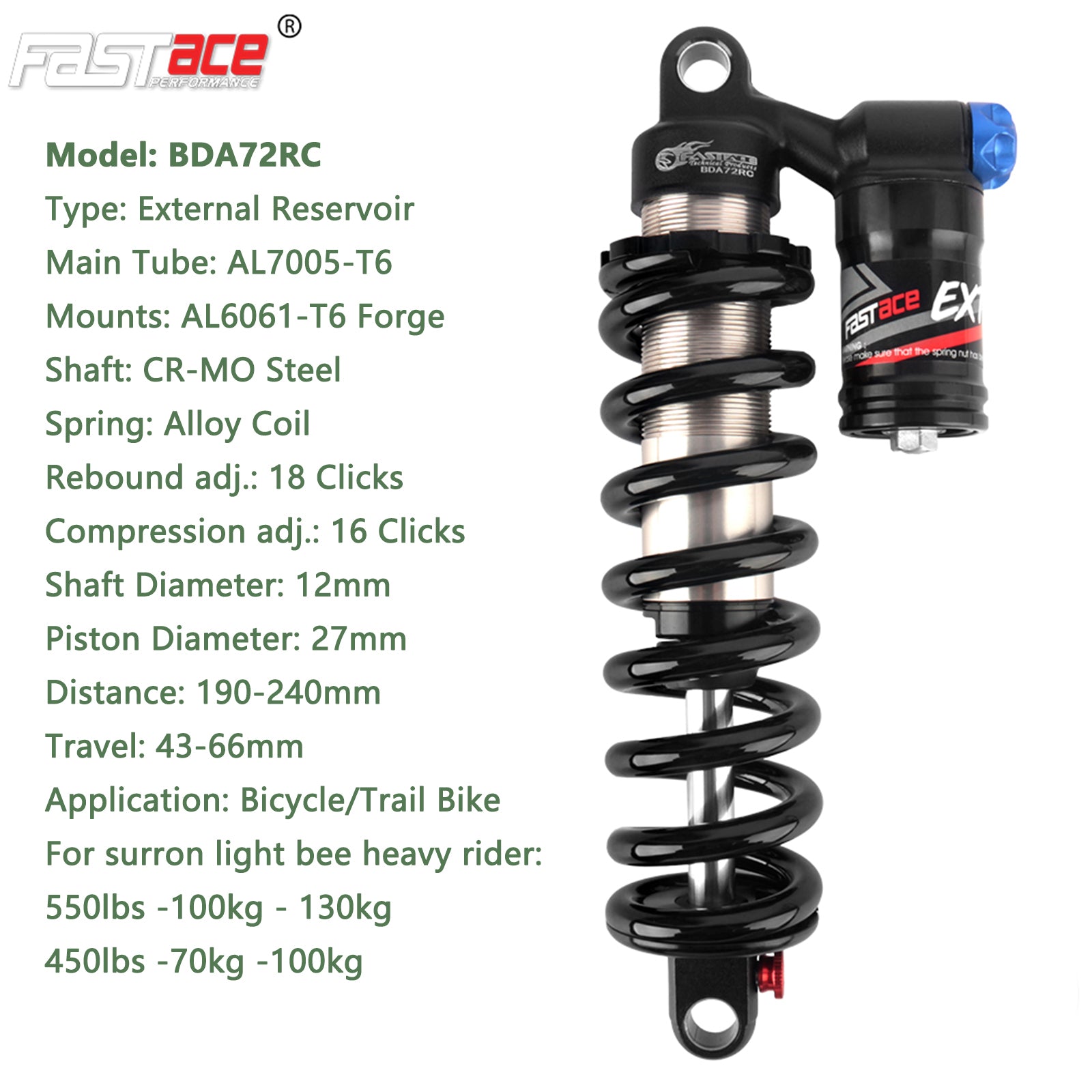 FASTACE BDA72RC Original Factory Downhill Rear Shock Absorber Suspension 450LBS 550LBS For eBike MTB